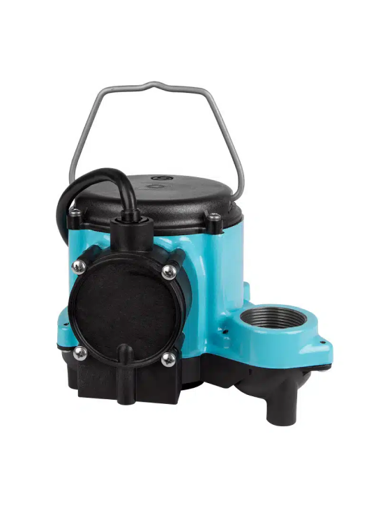 A blue and black sump pump, ideal for basement waterproofing solutions in Bergen County NJ, features a sturdy top handle and a black cable. Its design includes a large threaded pipe fitting on one side and multiple bolts on the front cover.