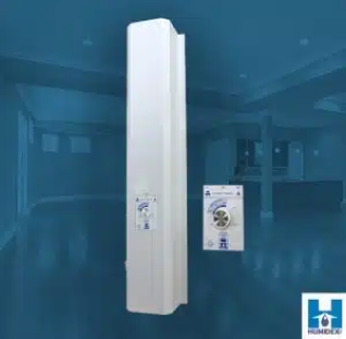 Against a blue backdrop, a white air curtain device is accompanied by a smaller box with control dials. An "H" logo graces the bottom right corner, reminiscent of the specialized service and precision of basement waterproofing contractors in Bergen County, NJ.